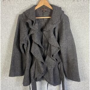 Fenn Weight Manson 100% Wool Sweater Jacket Womens L Ruffles Belted Quiet Luxury
